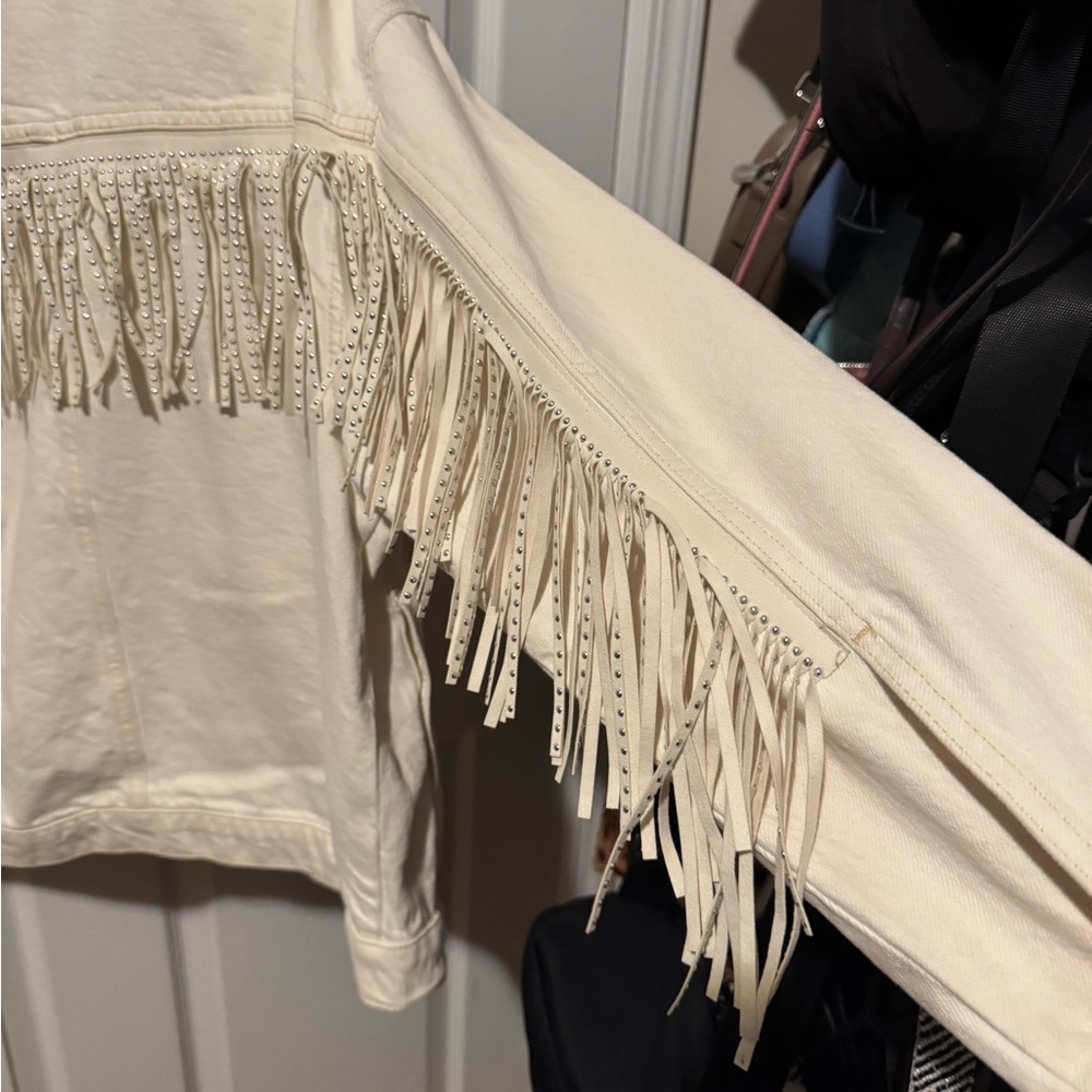 Zara Cream Jean Jacket with Fringe - Picture 4 of 5